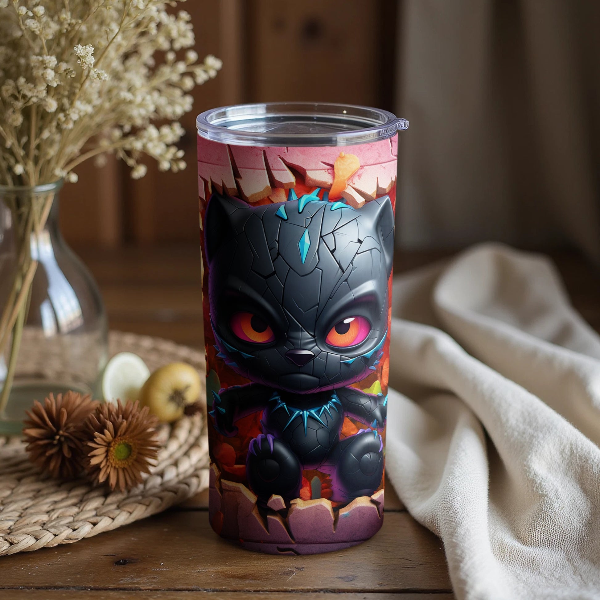 Adorable Black Cat Tumbler with Colorful Background