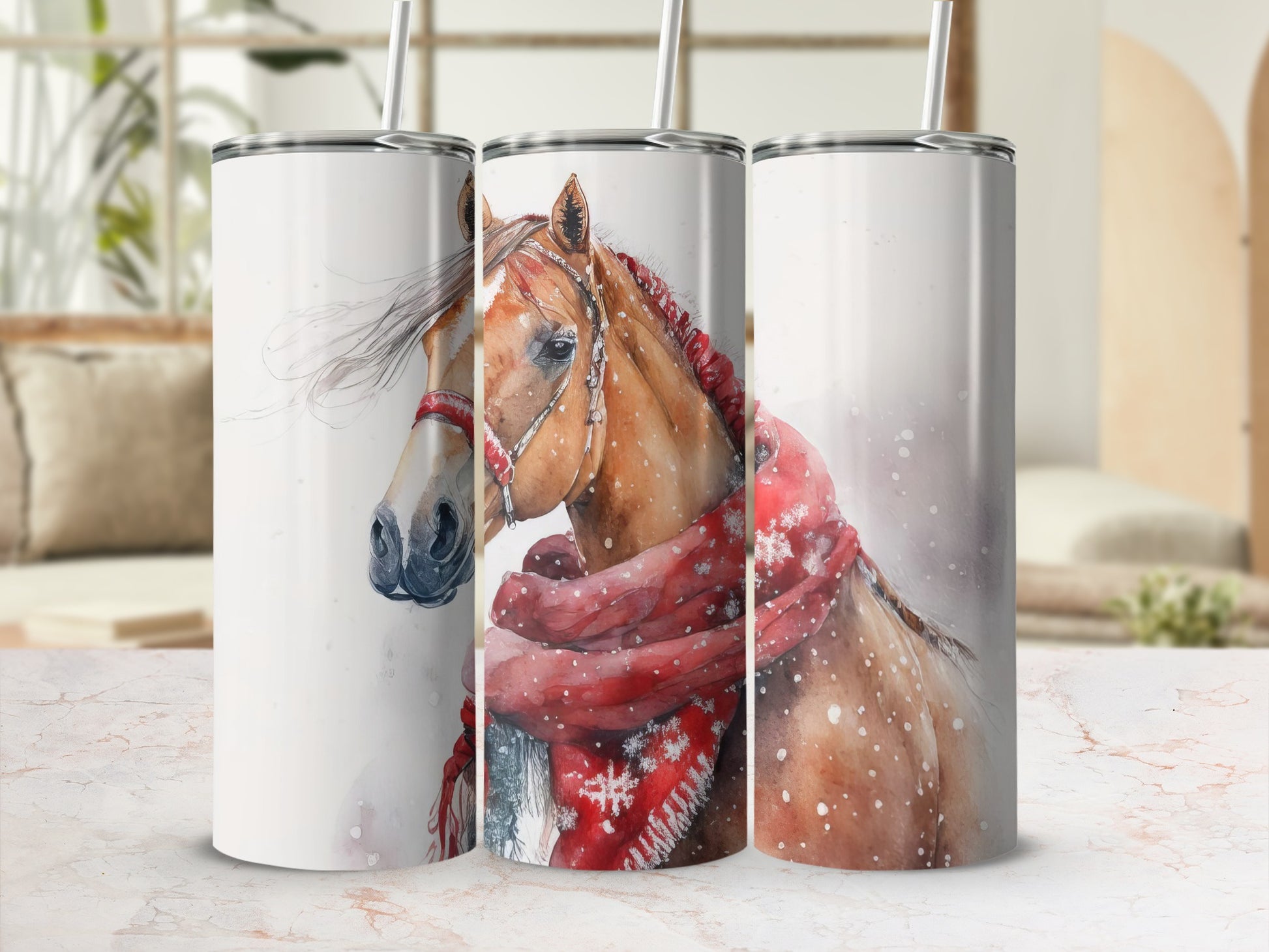 Watercolor horse with red scarf and snowflakes on white tumblers.