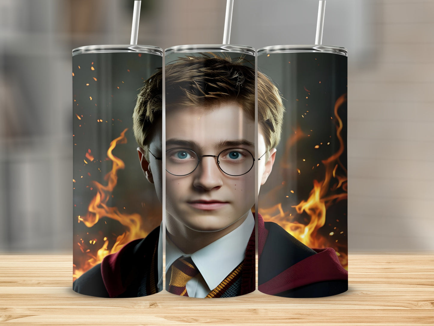 Harry Potter with glasses and Gryffindor scarf, surrounded by flames.