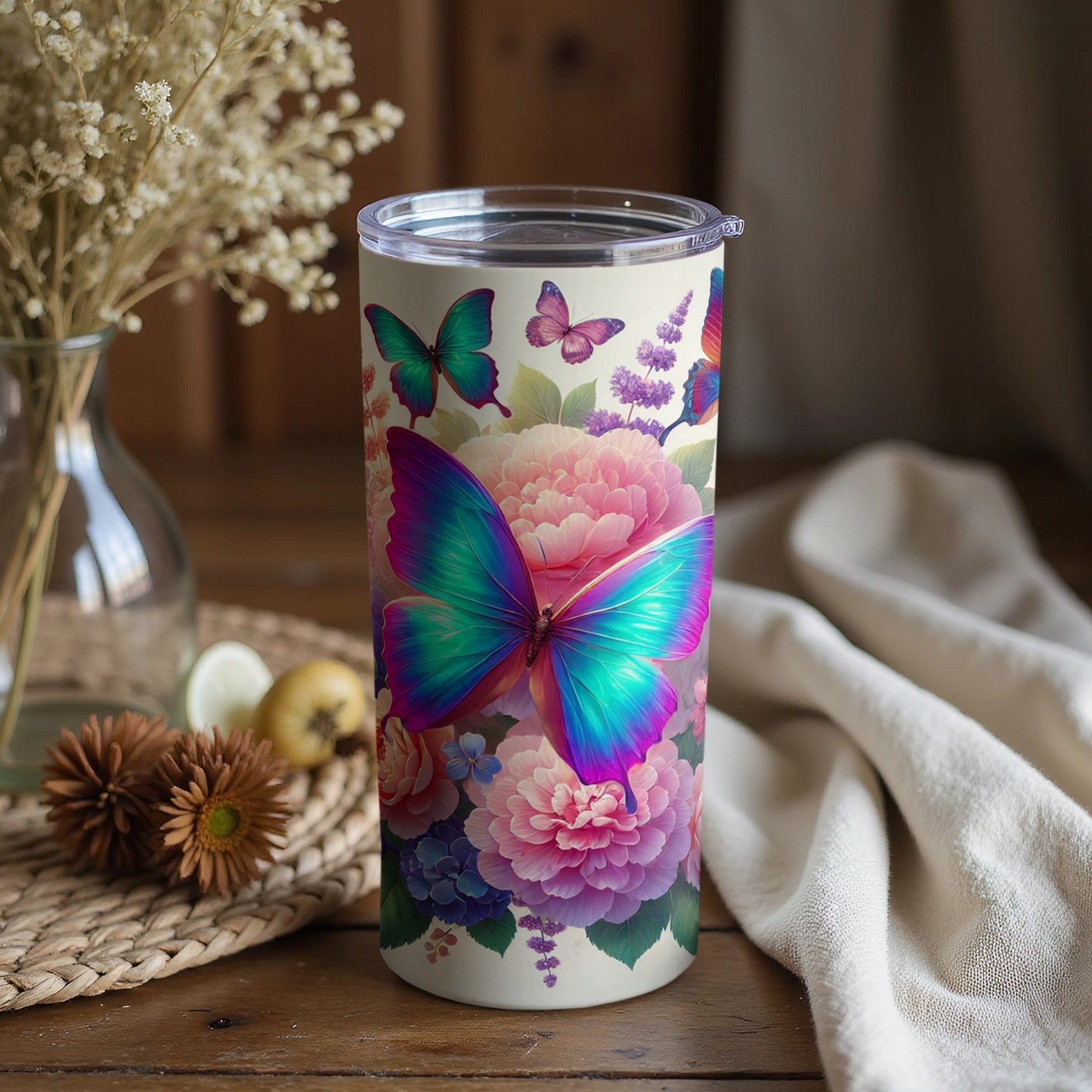 Colorful Butterfly and Floral Design Tumbler