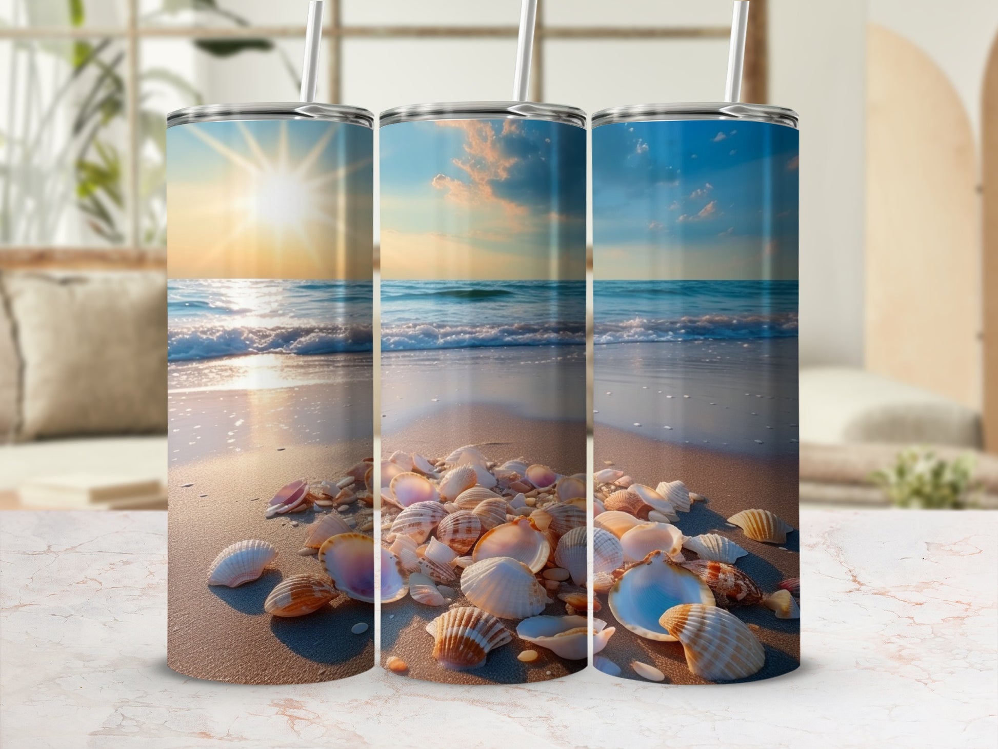 Beautiful Beach Sunrise and Seashells Tumbler