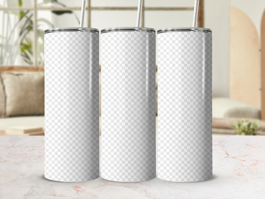 Three blank sublimation tumblers with straws on a marble surface.