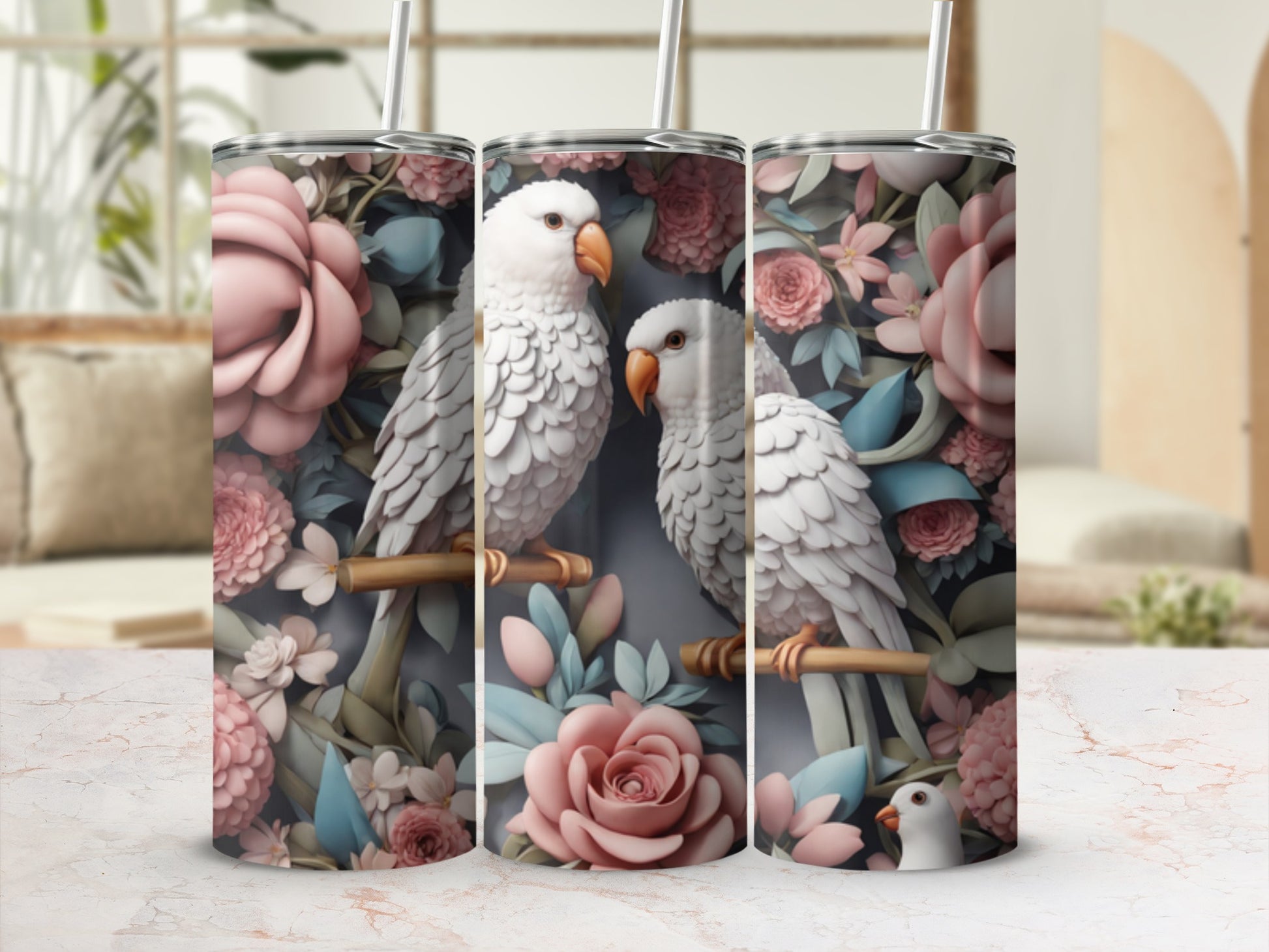 Two white parrots on a branch surrounded by pink and blue flowers.