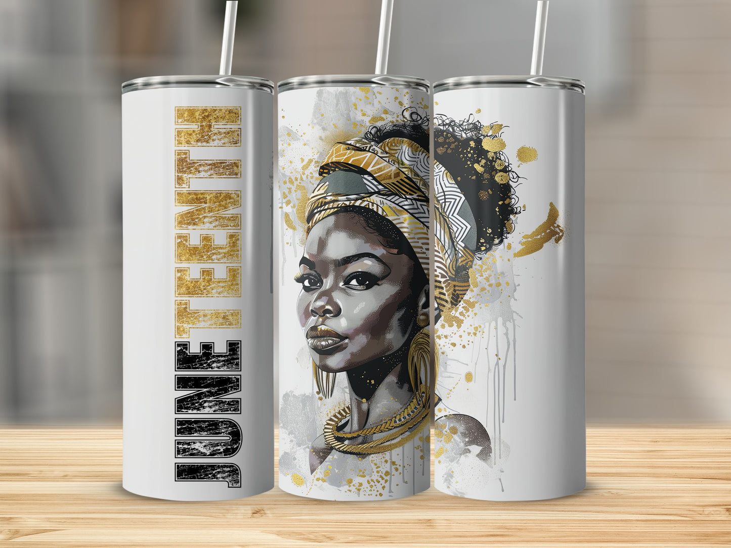 Tumbler with "June" text and a portrait of a Black woman wearing a gold headwrap.