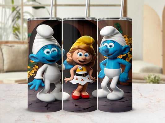 Smurf characters and Smurfette on tumblers with cobblestone background.