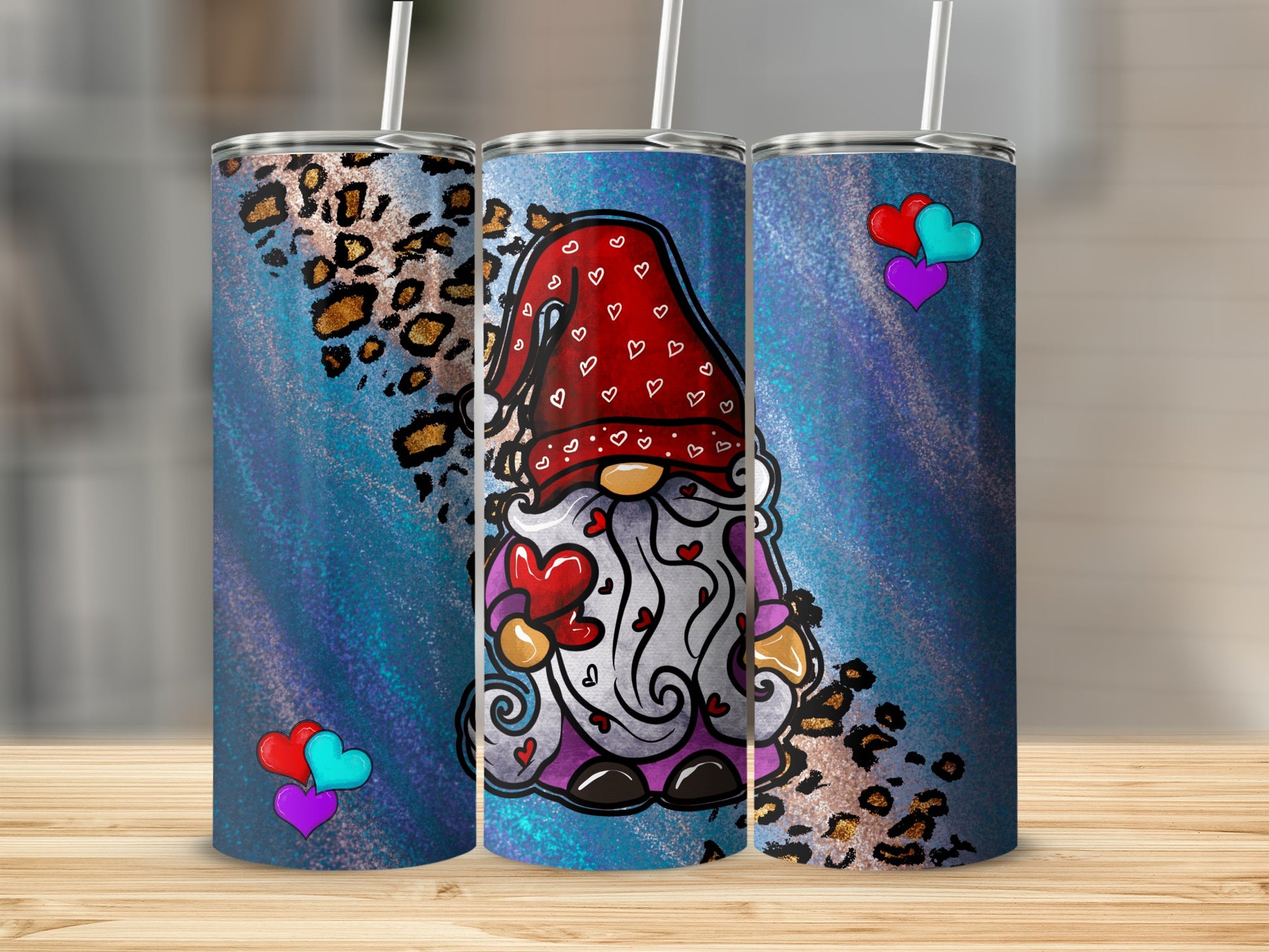 Gnome with hearts and leopard print on a blue gradient tumbler.