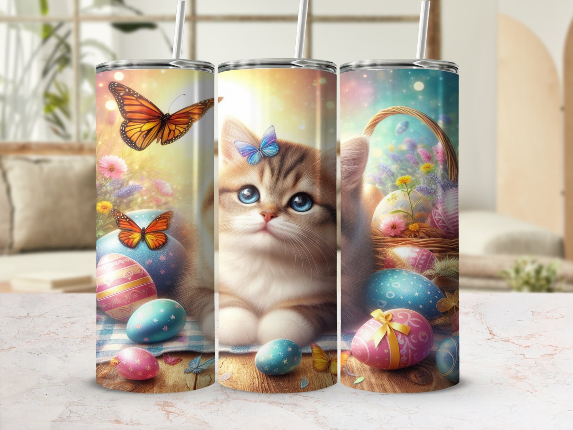 Kitten and butterflies with Easter eggs on a patterned background.