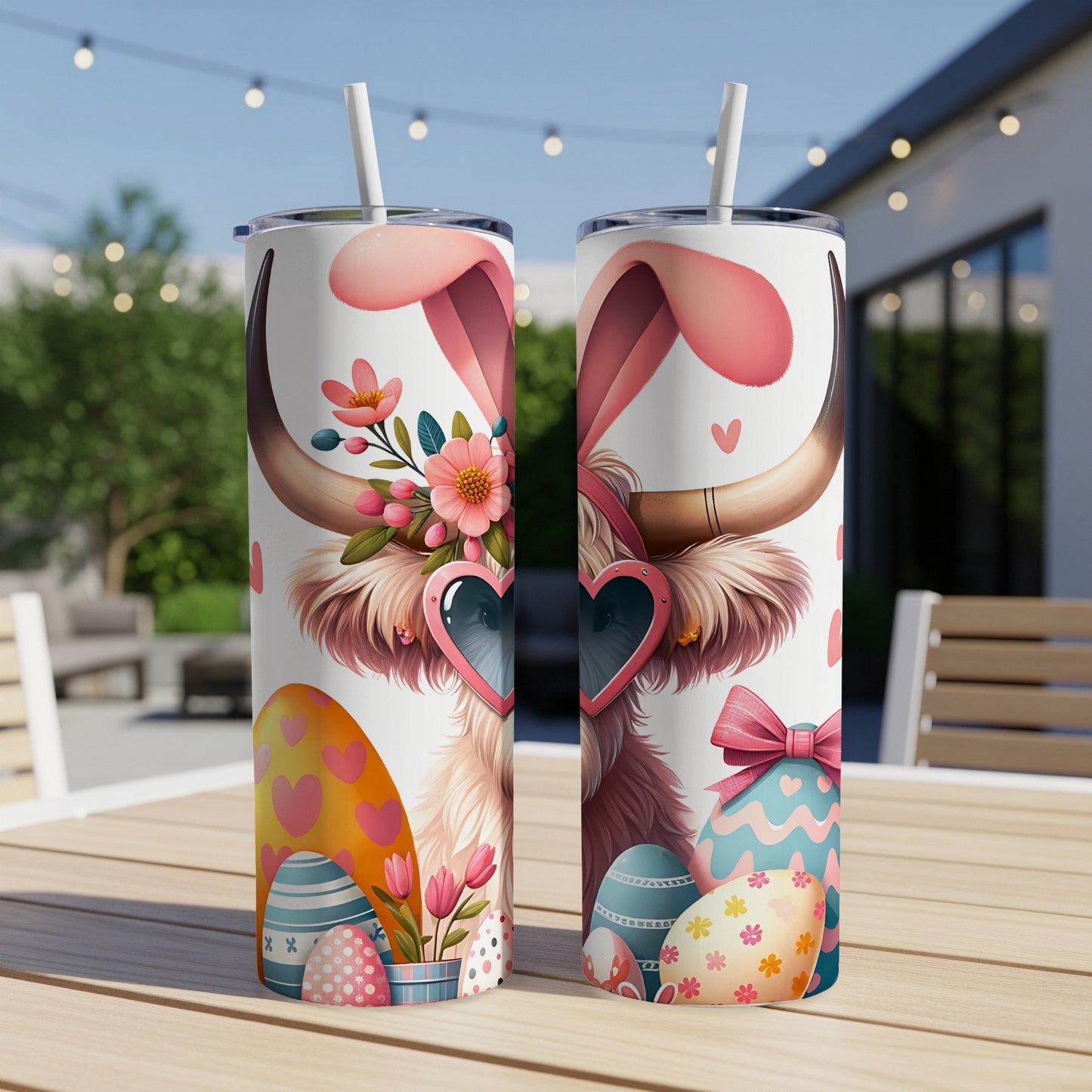 Two tumblers with Easter bunny and cow design, heart sunglasses, and floral accents.