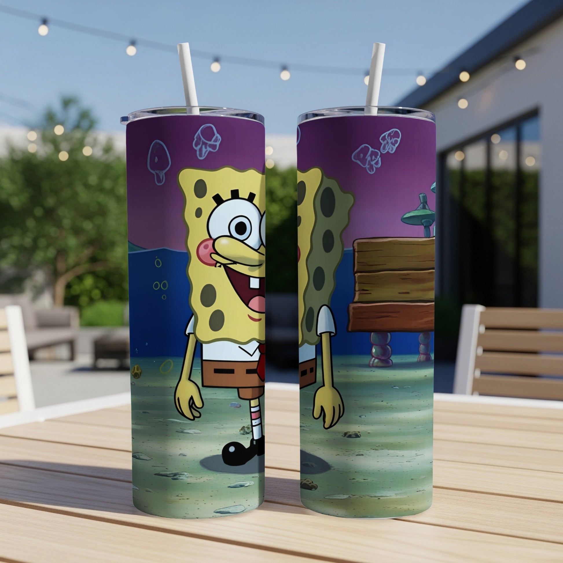 SpongeBob SquarePants character on a purple background, on two tumblers.