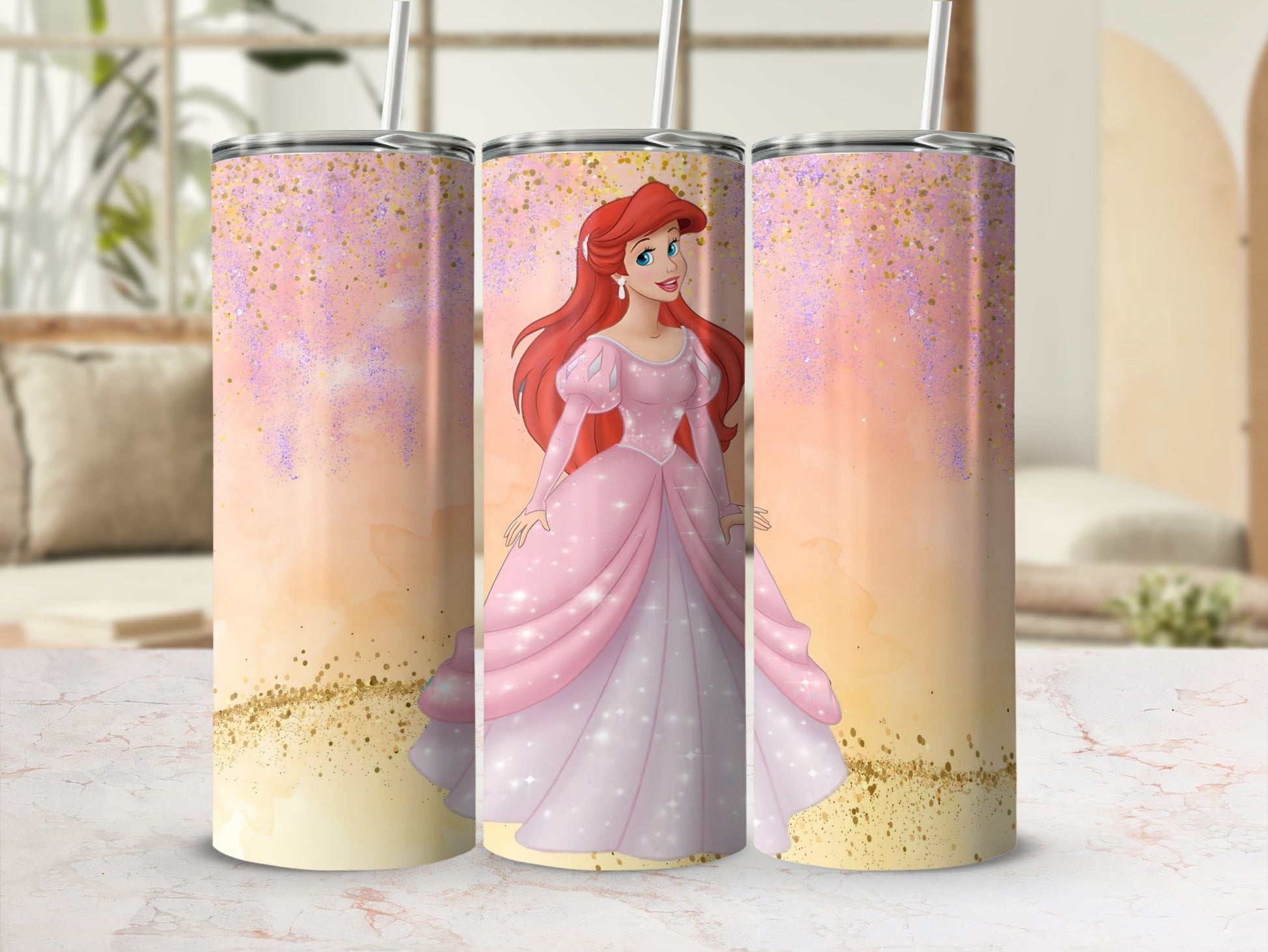Glittery Pink Princess Design Insulated Tumbler Cup