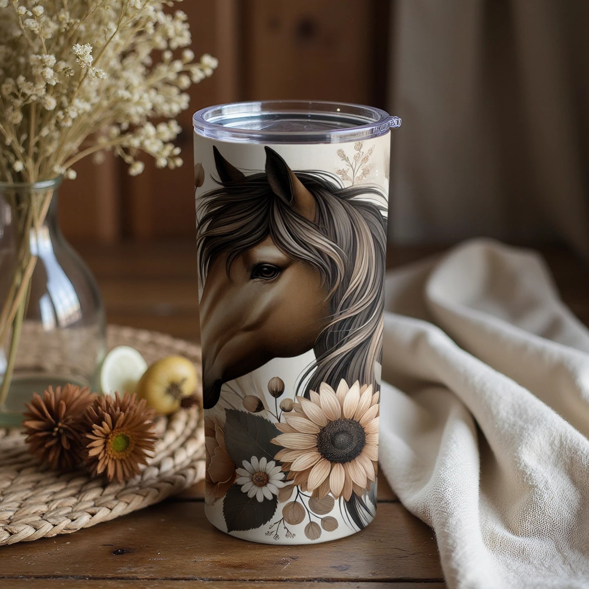 Majestic Horse and Sunflowers Artwork Tumbler