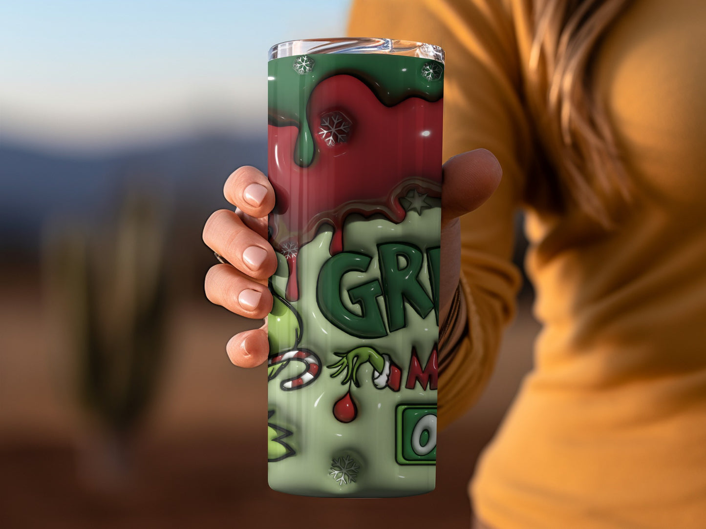 Holiday Themed Grinch Tumbler with Candy Cane Decor