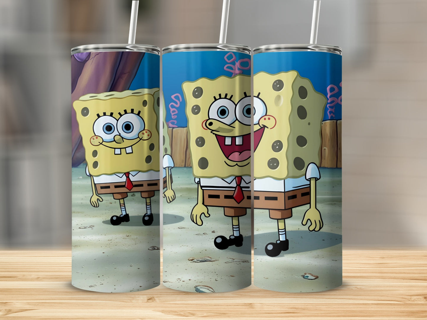 SpongeBob SquarePants cartoon character on a skinny tumbler.