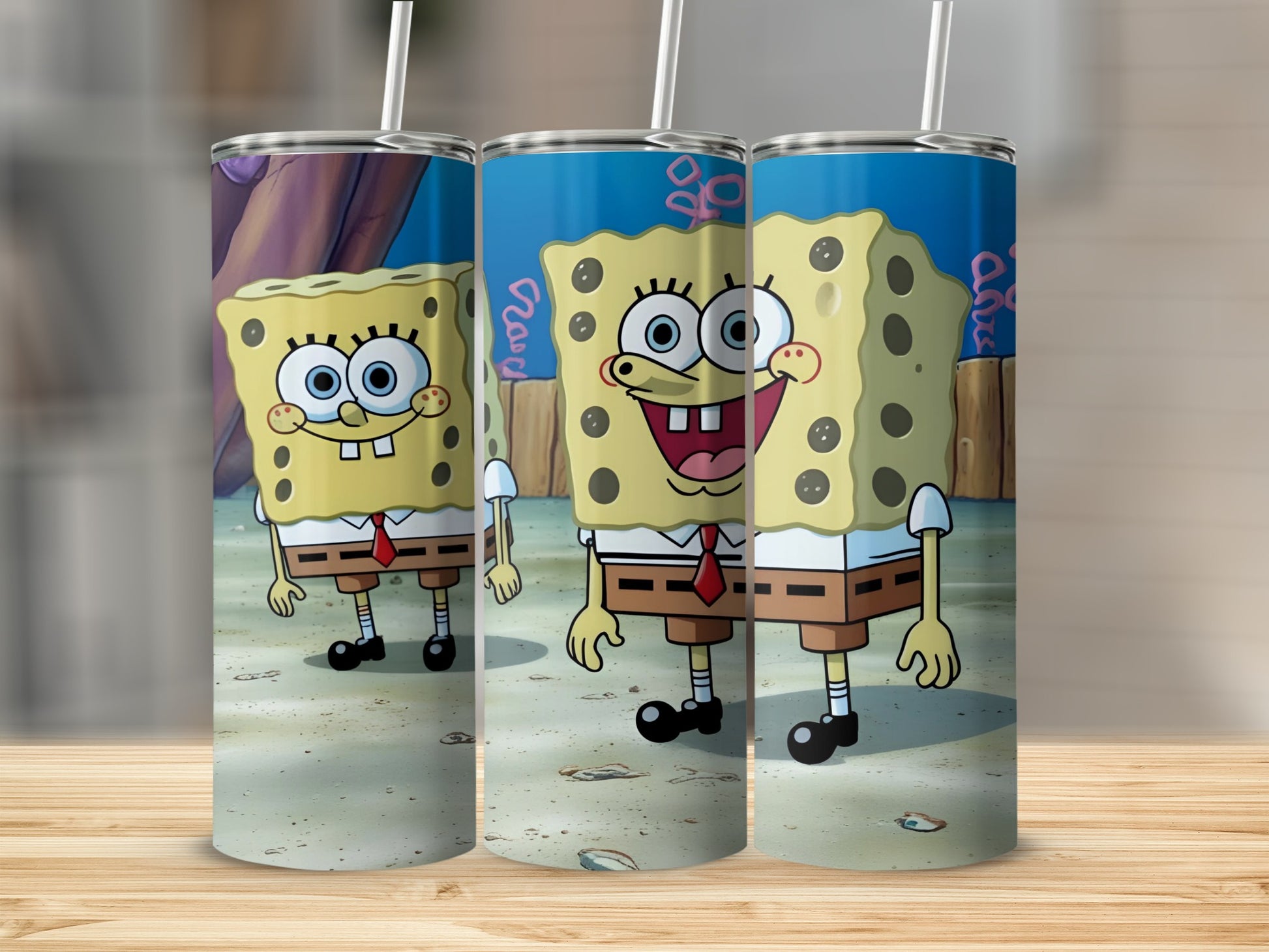 SpongeBob SquarePants cartoon character on a skinny tumbler.