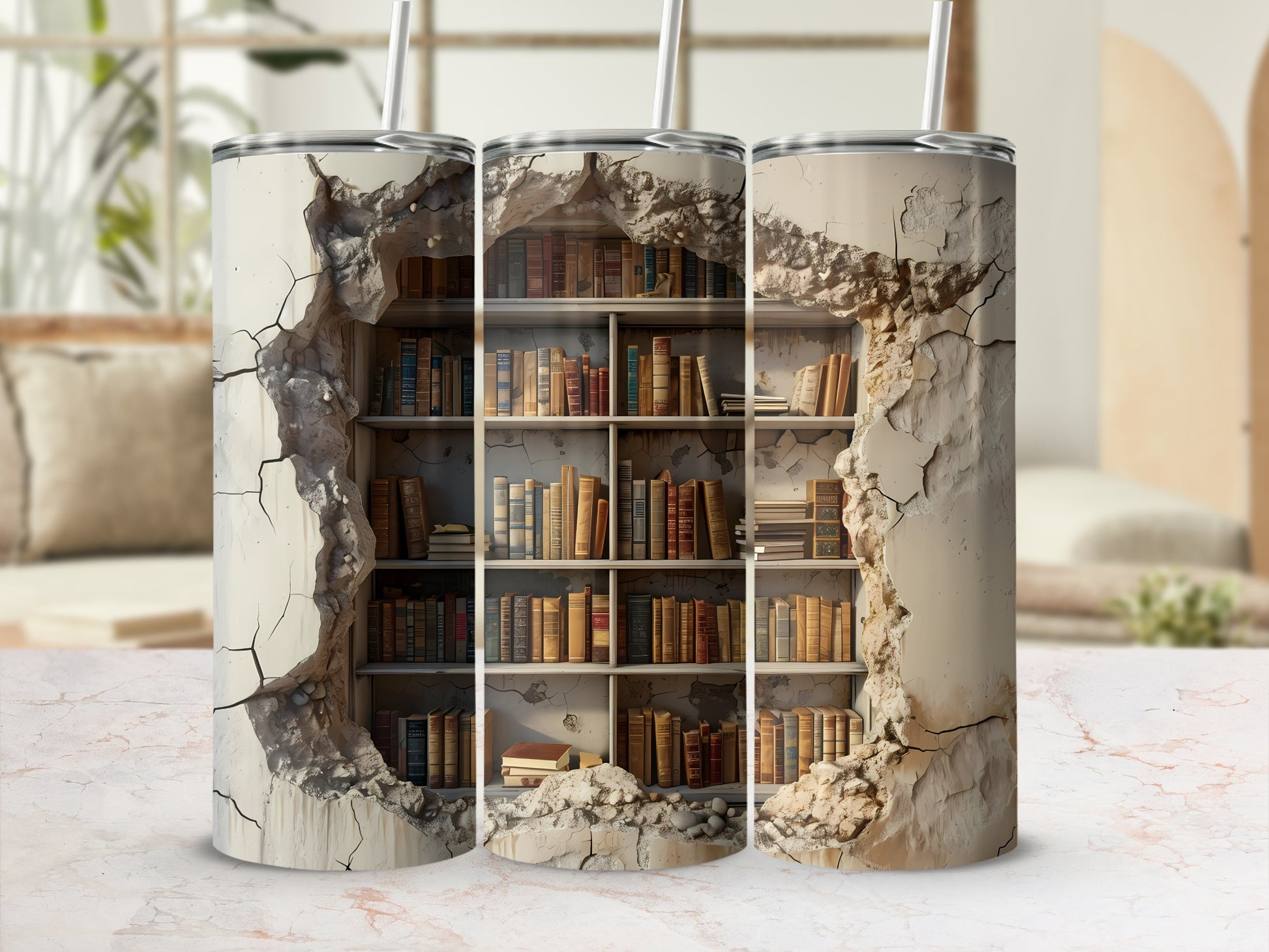 Three tumblers featuring cracked plaster revealing a bookshelf interior.