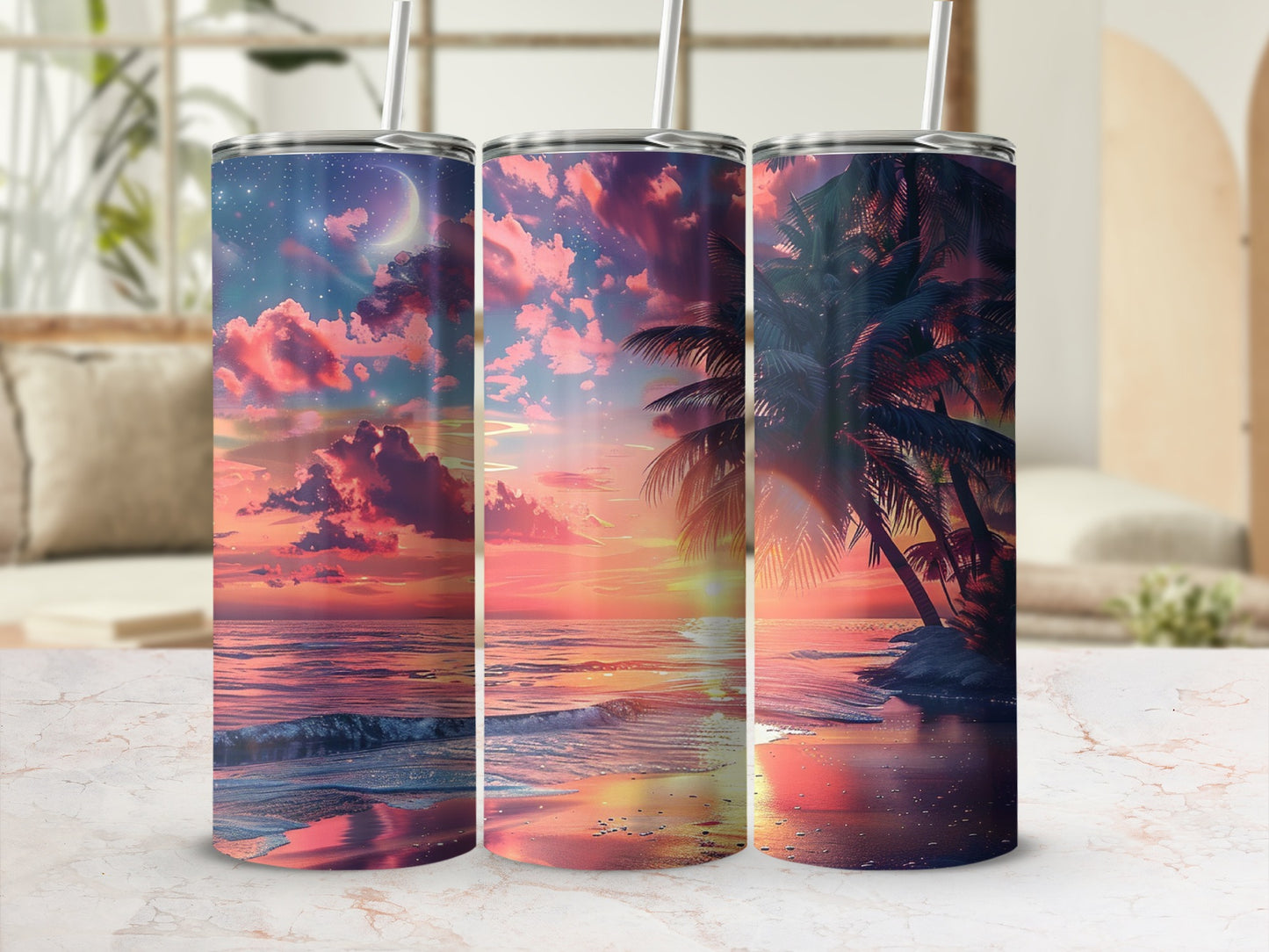 Three tumblers featuring a sunset over an ocean with palm trees.