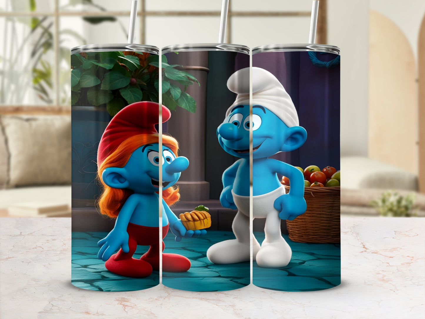 Smurfette and Papa Smurf share a pastry on a textured floor.
