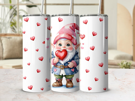 Three tumblers decorated with gnomes and red hearts.