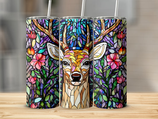 Three tumblers featuring stained glass deer and floral designs.