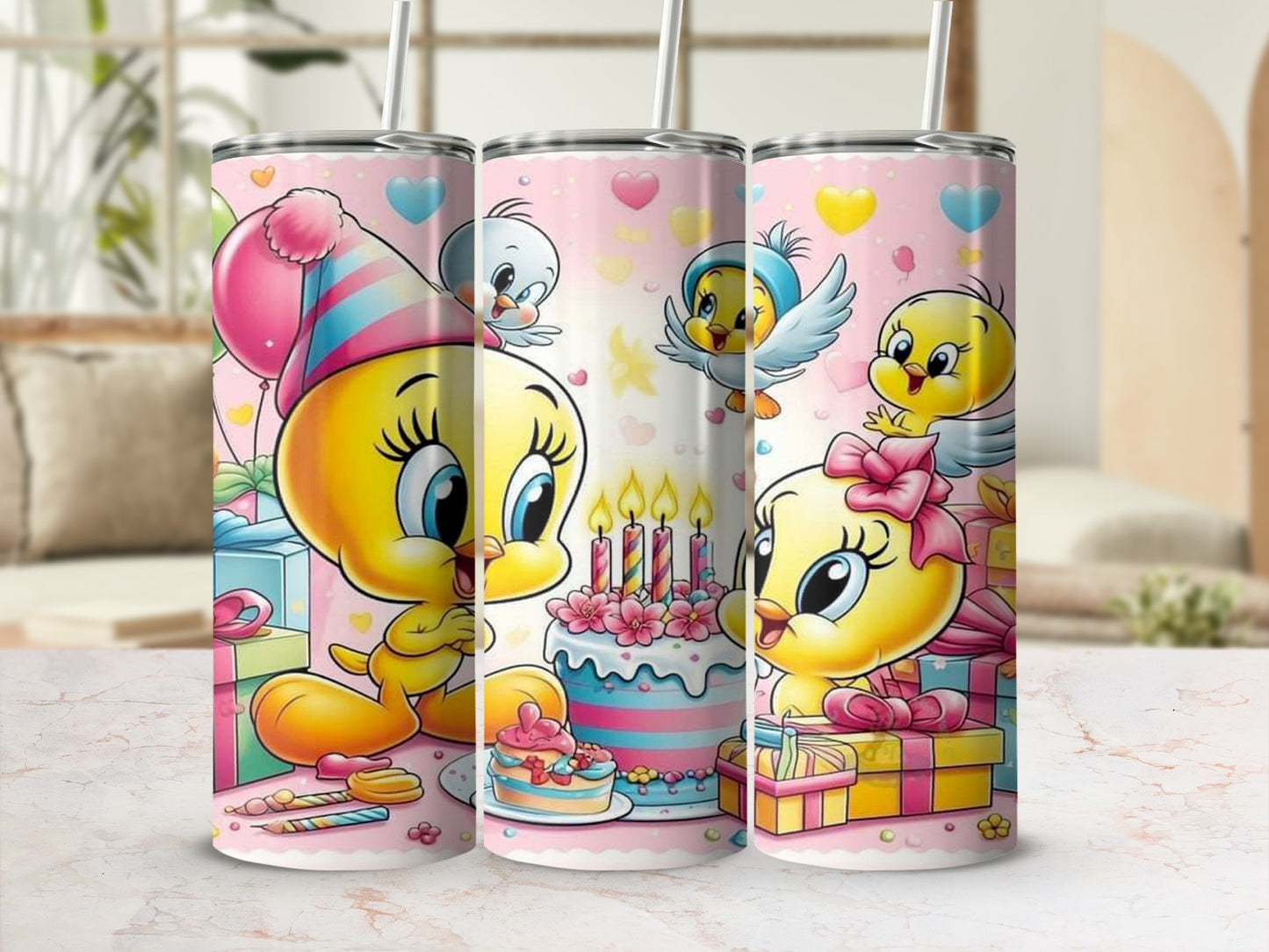 Adorable Cartoon Bird Birthday Themed Insulated Tumbler