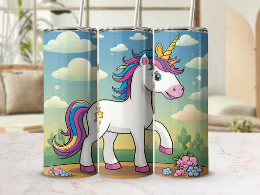 Cartoon unicorn with rainbow mane and tail, starry sky background.