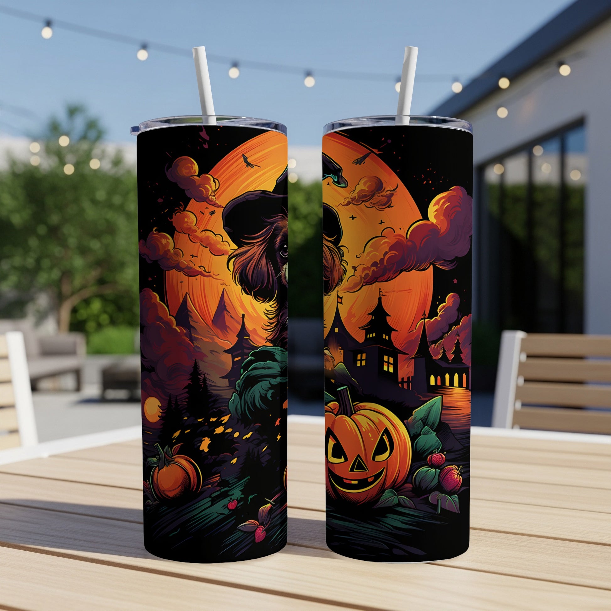 Halloween tumbler featuring a dog in a witch hat, haunted houses, and pumpkins under a full moon.