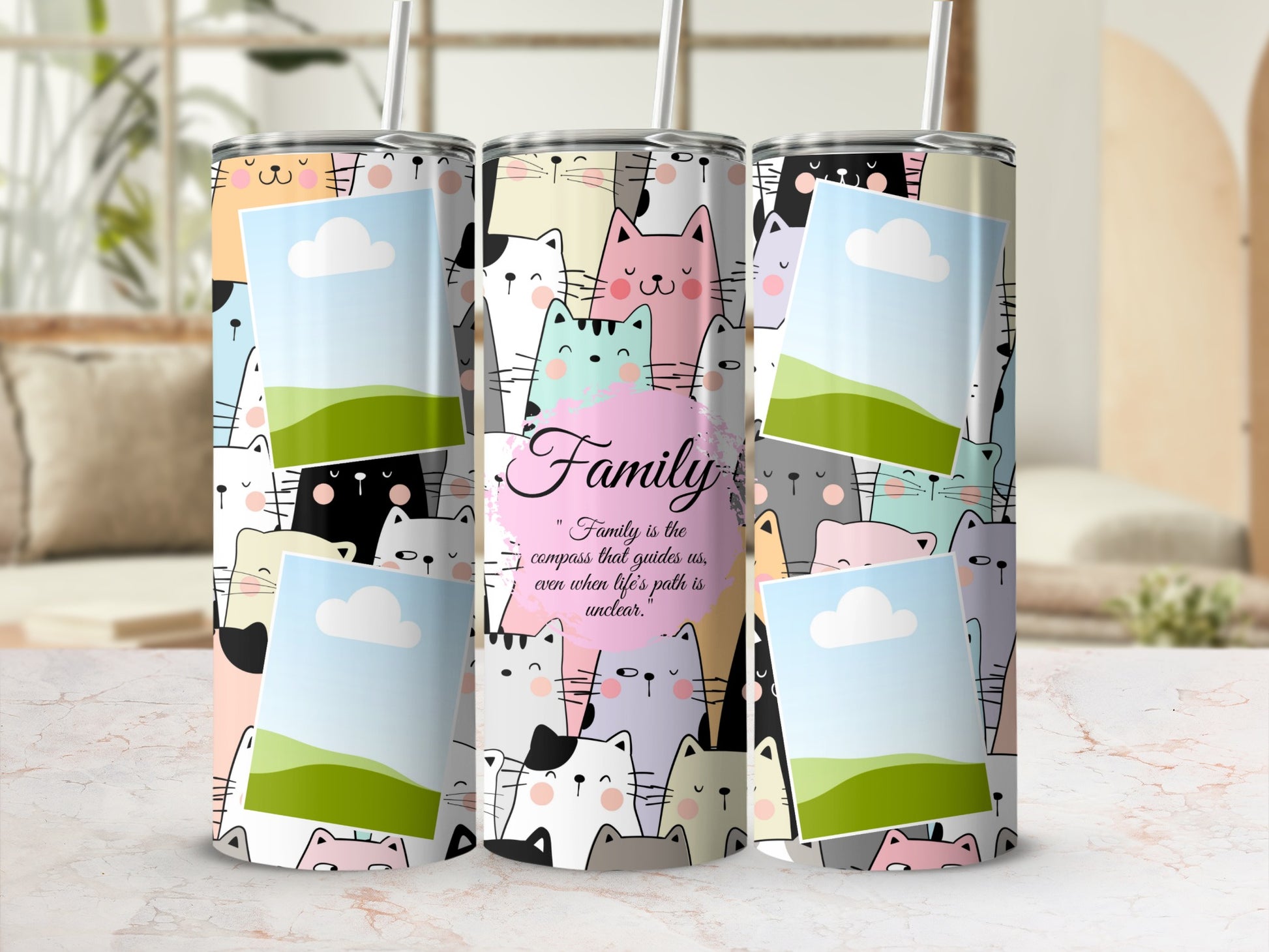Tumbler with colorful cats, placeholder photos, and "Family" quote.