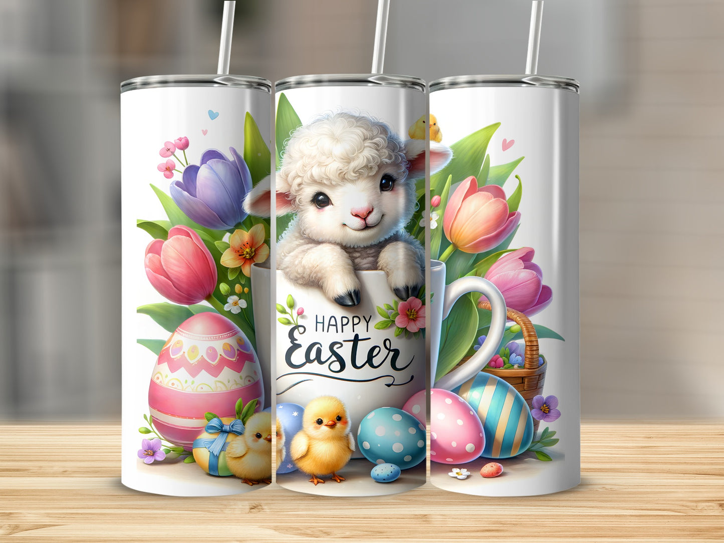 Easter tumbler with lamb, chicks, eggs, and tulips.