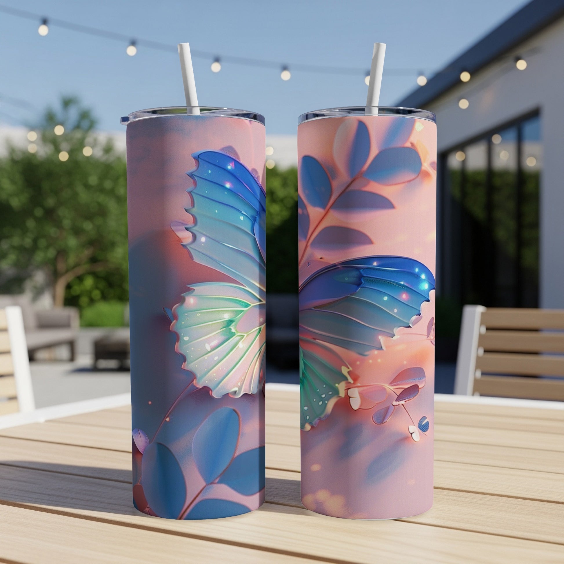 Two tall tumblers with butterfly and floral design, on an outdoor table.
