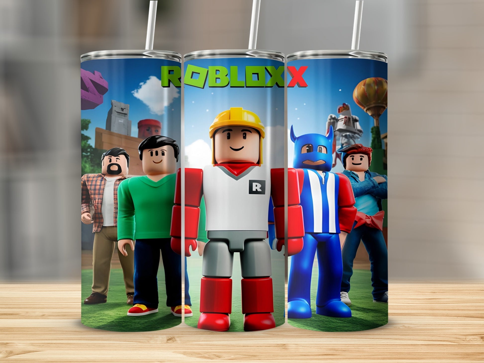 Roblox characters on a tumbler with Roblox logo.