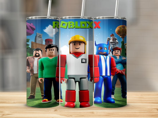 Roblox characters on a tumbler with Roblox logo.