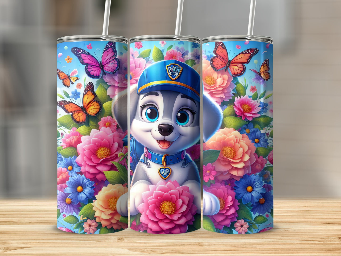 Colorful Cartoon Puppy Tumbler with Floral Design