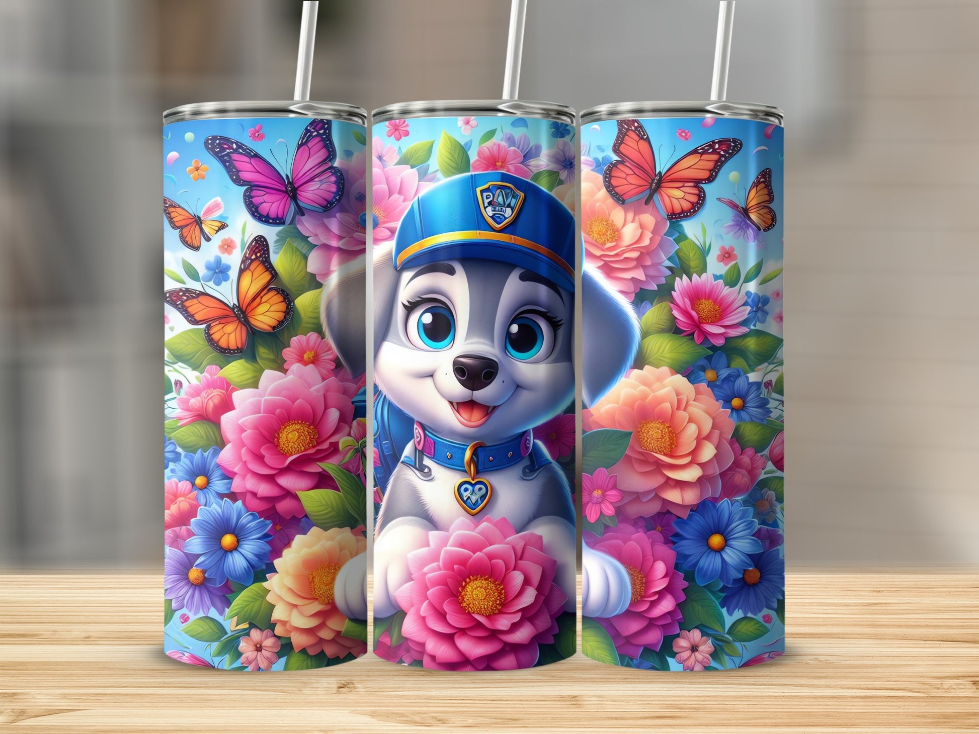 Colorful Cartoon Puppy Tumbler with Floral Design