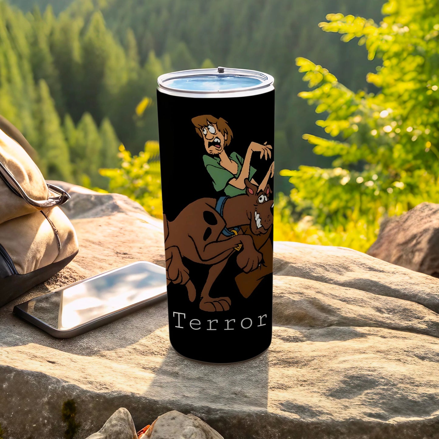 Scooby-Doo and Shaggy on a black tumbler with "Terror" text.
