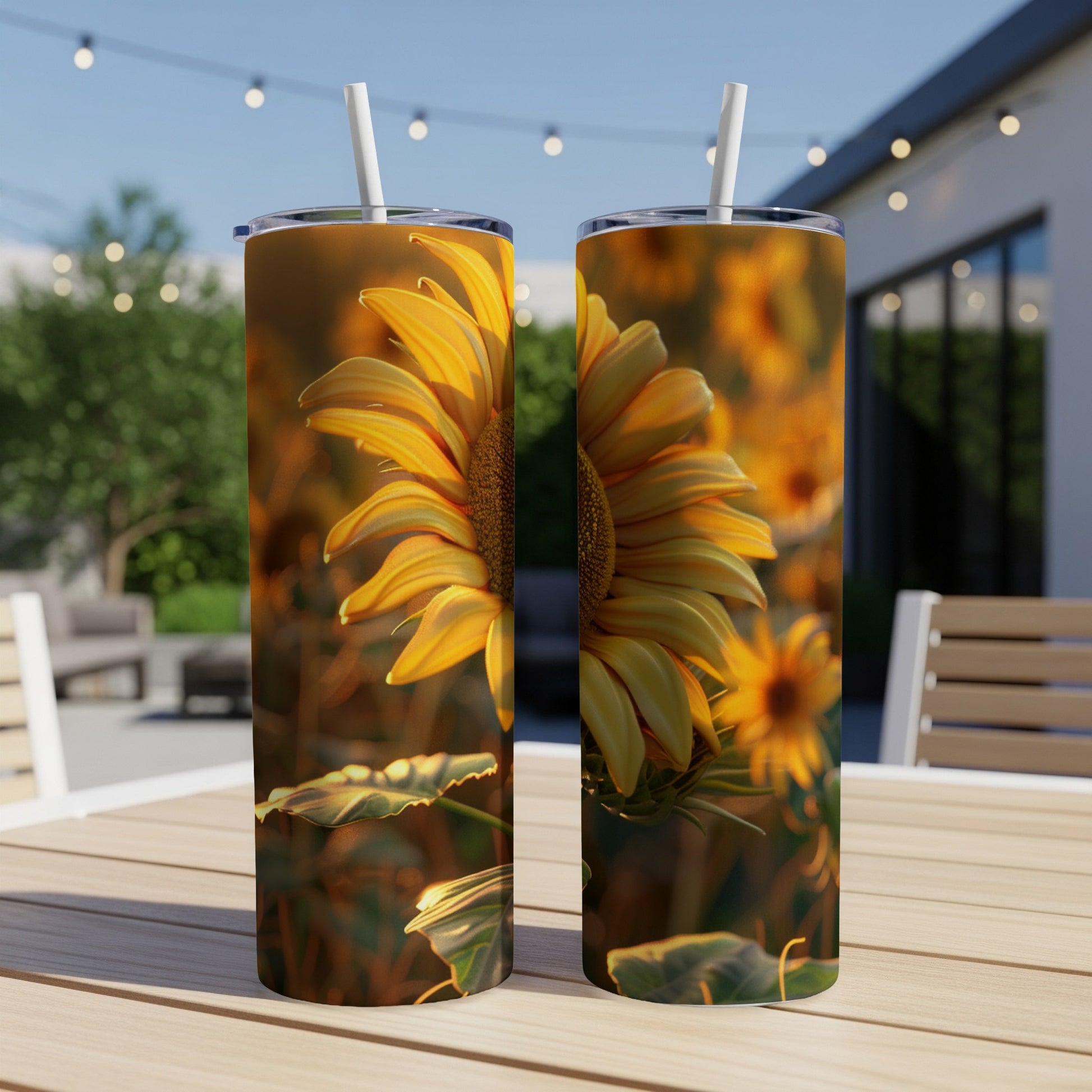 Two tumblers with sunflower design on outdoor table.