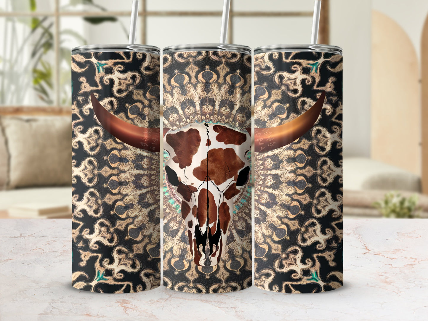 Bull skull with tribal pattern on a patterned tumbler.