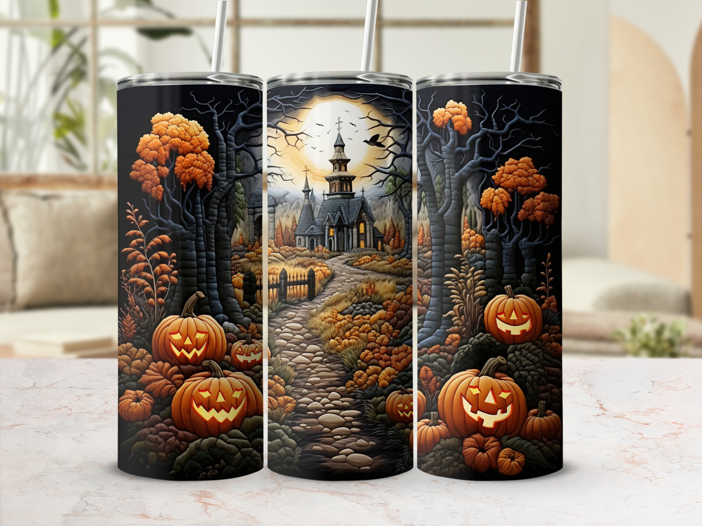 Halloween tumbler with jack-o'-lanterns, haunted house, and autumn trees.