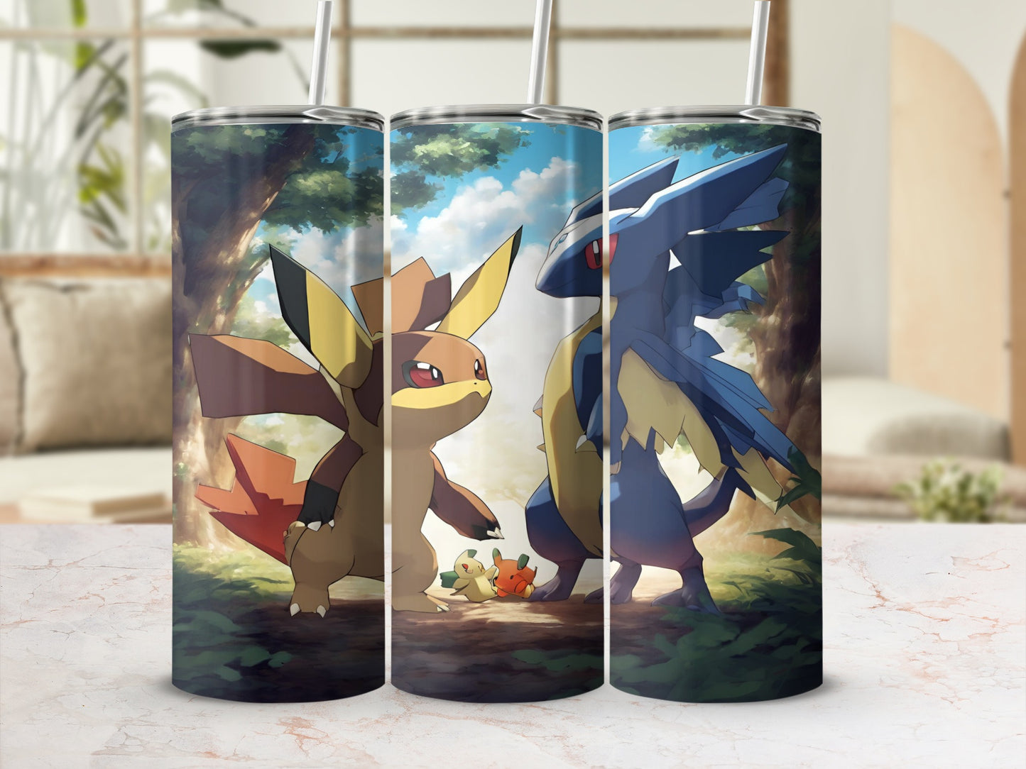 Three Pokémon tumblers featuring Feraligatr and its pre-evolutions.