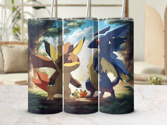 Three Pokémon tumblers featuring Feraligatr and its pre-evolutions.