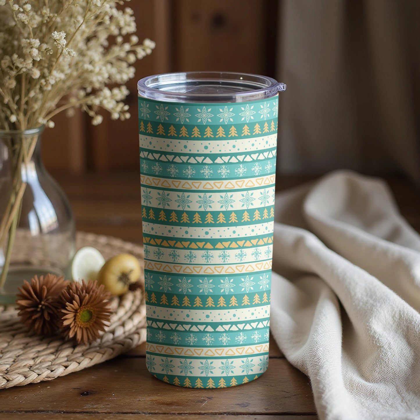 Festive Winter Pattern Insulated Tumbler with Lid
