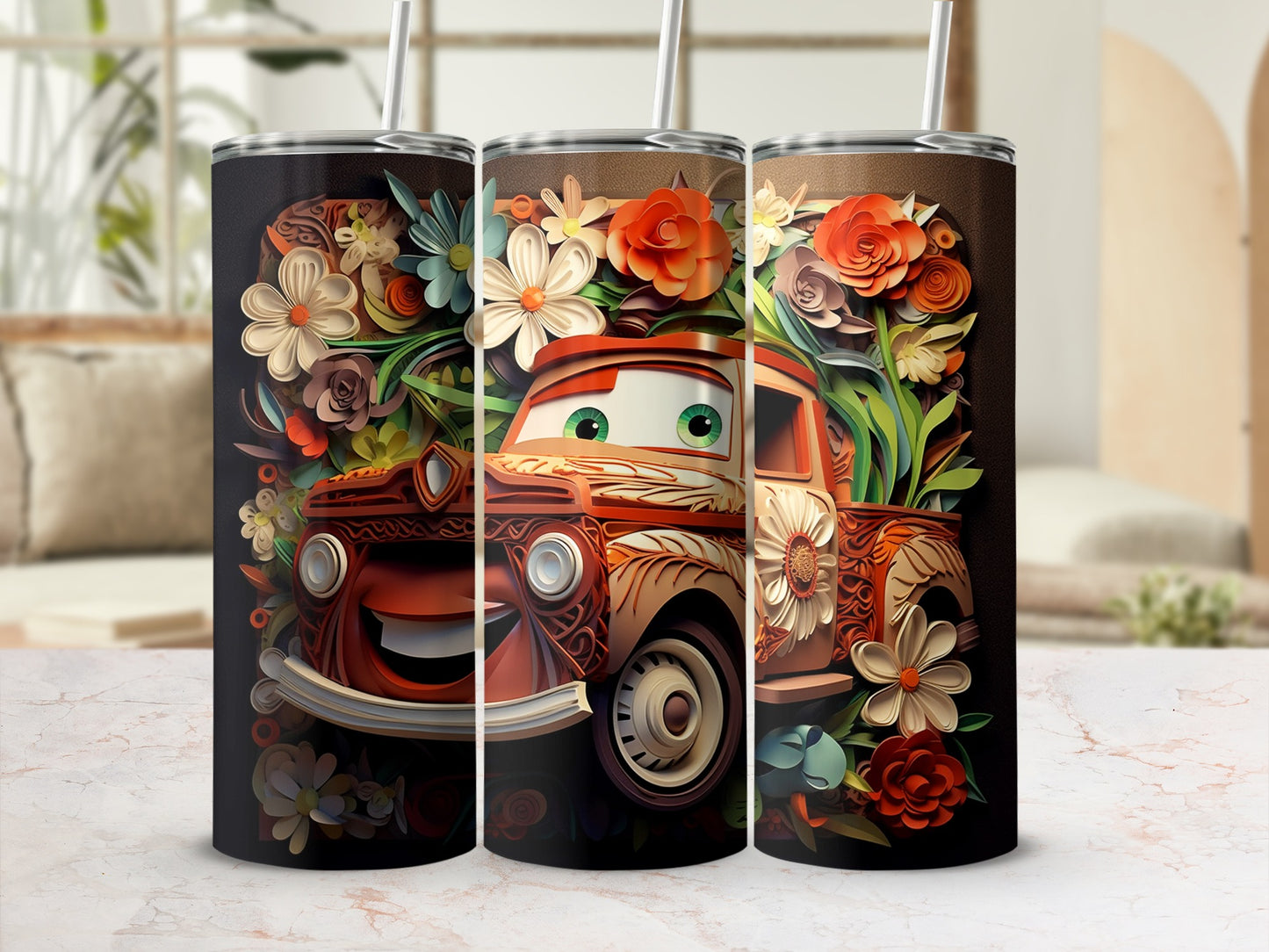 Floral Car Design Pattern Tumbler with Straw