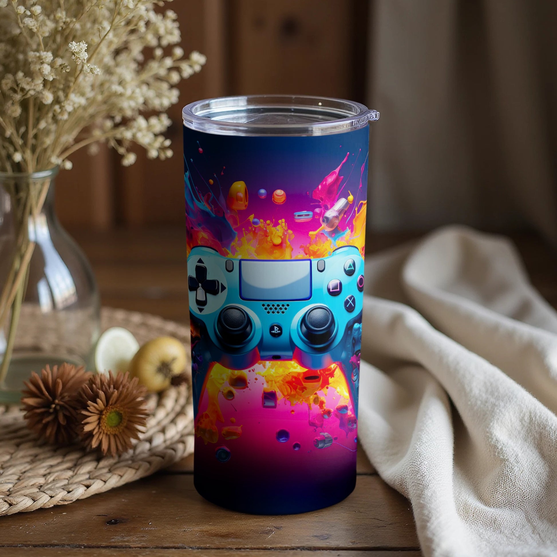 Vibrant Colorful Gaming Controller Tumbler Design