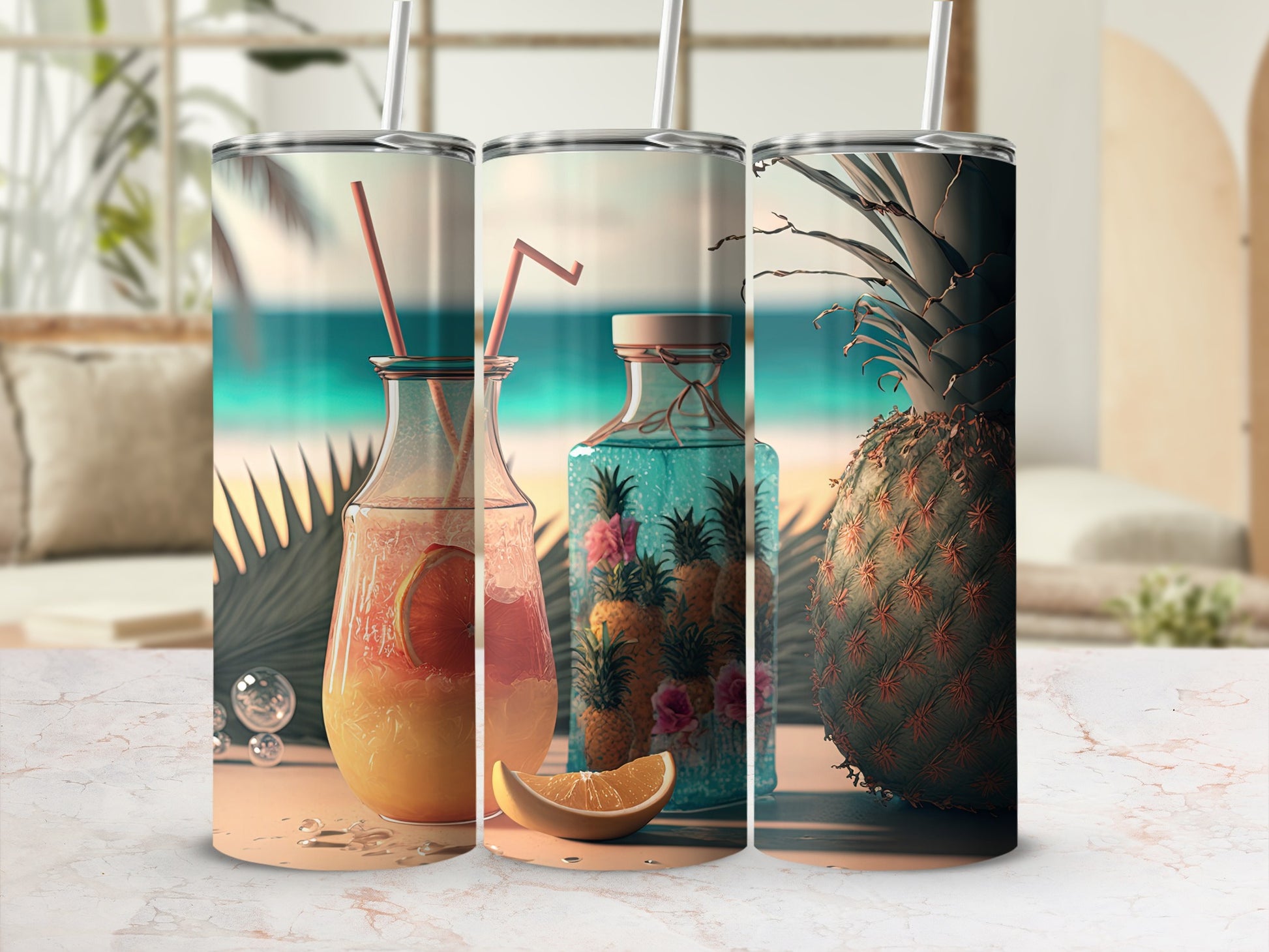 Tropical Beach Scene Custom Tumbler Set