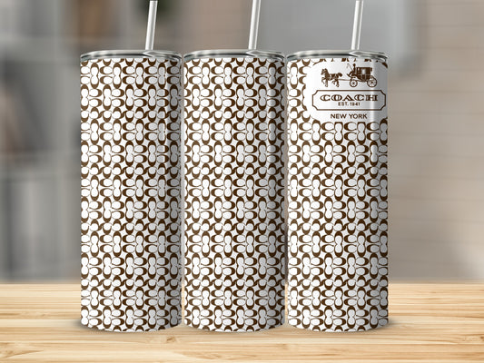 Coach tumbler with brown and white repeating logo pattern, and Coach logo.