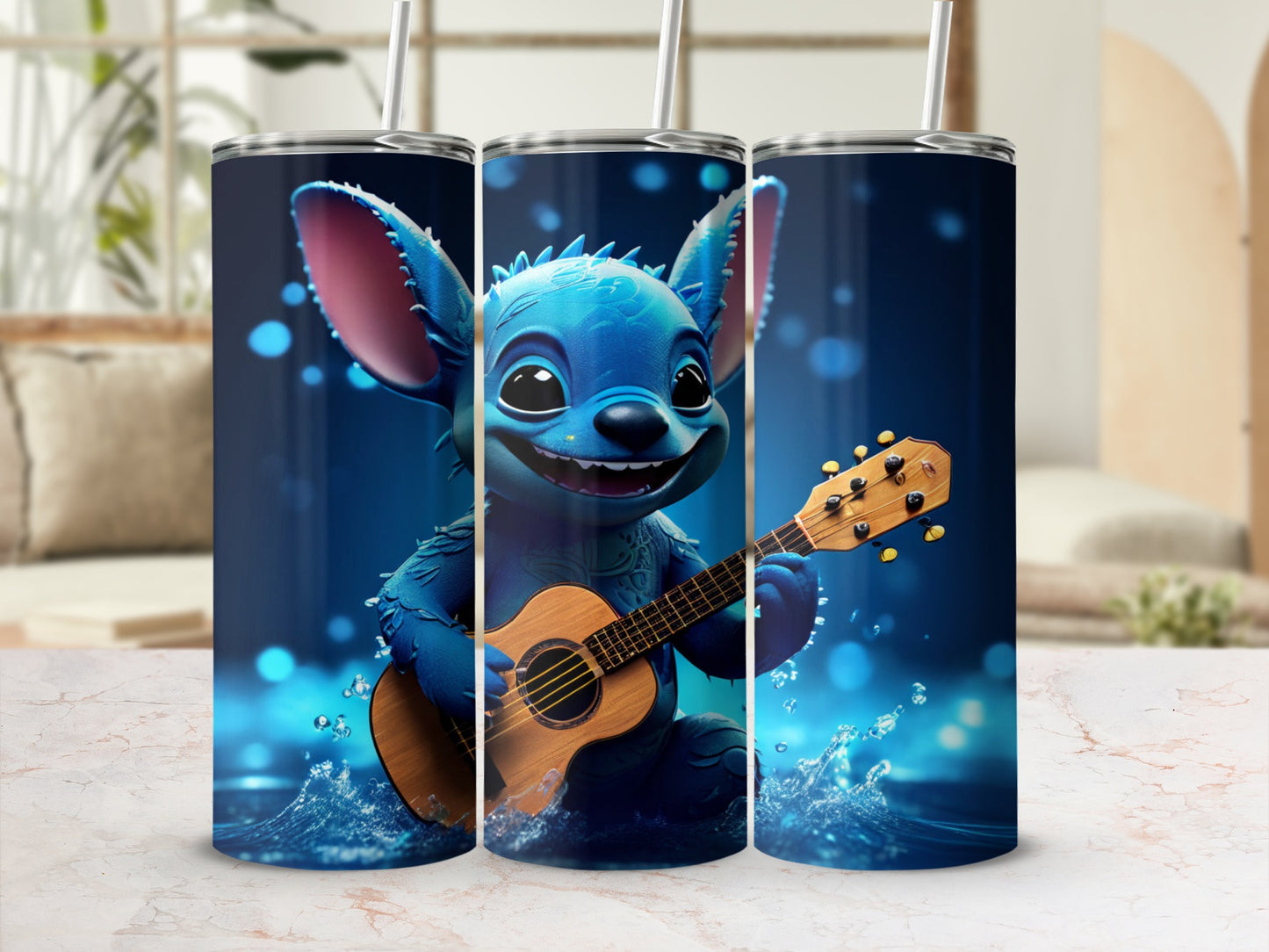 Stitch playing a ukulele with water splashing.