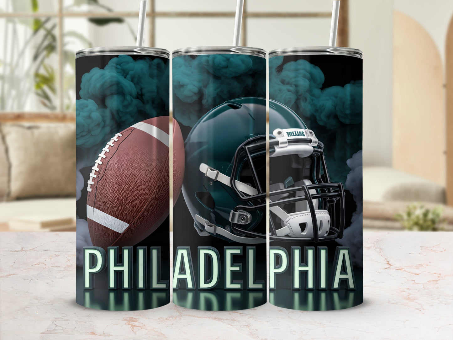Philadelphia Eagles helmet, football, and smokey background tumbler.