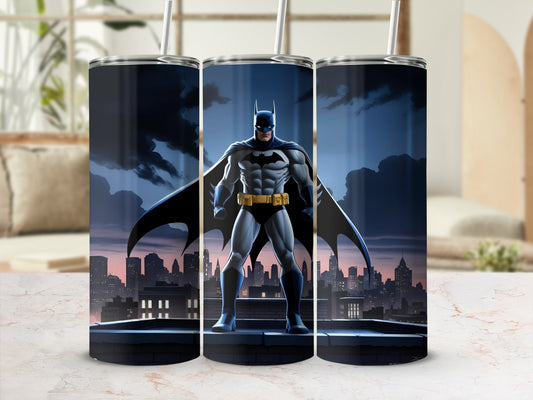 Batman stands heroically on a rooftop with a city skyline behind him.