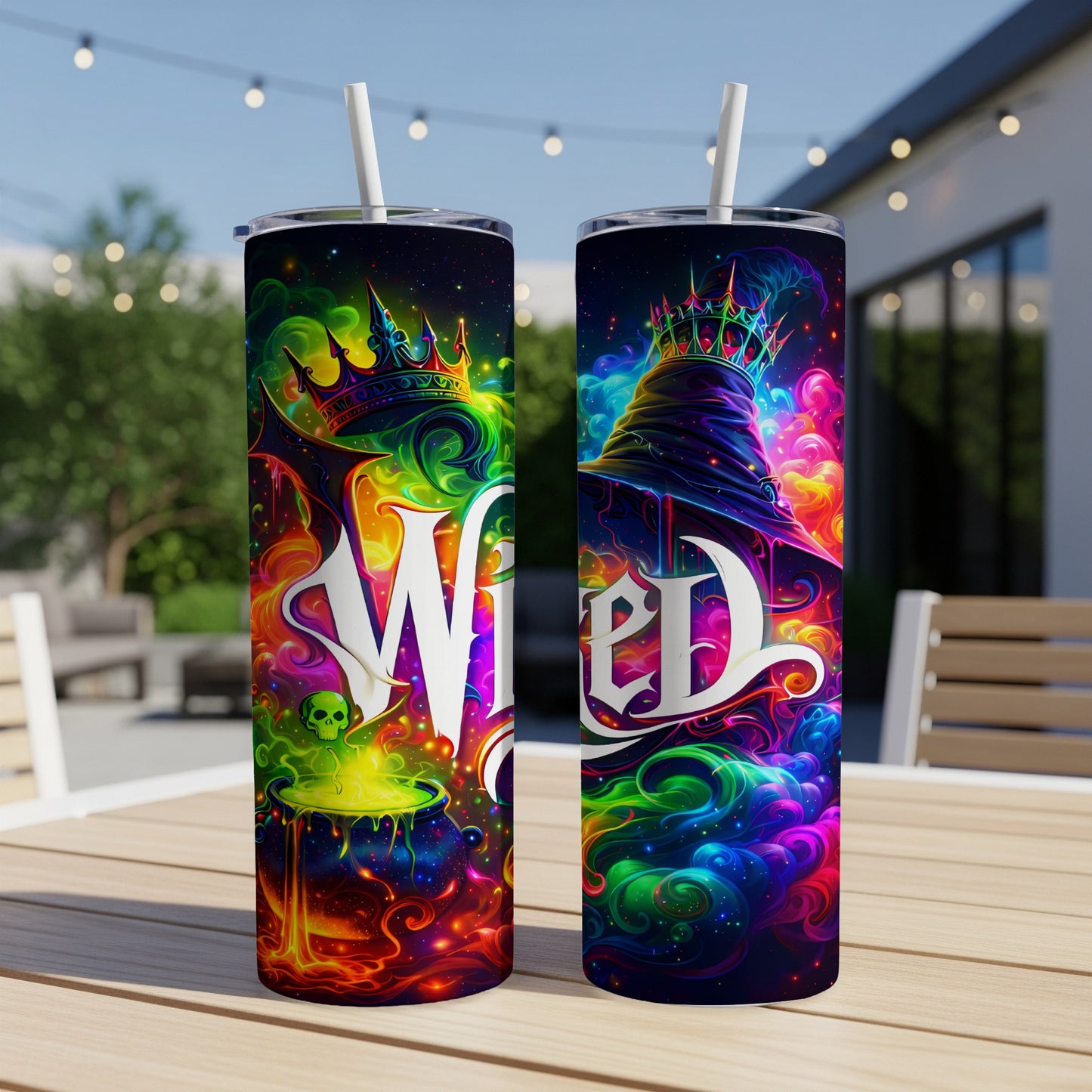 Two tumblers with colorful witch hat and crown designs, featuring the word "Wicked".