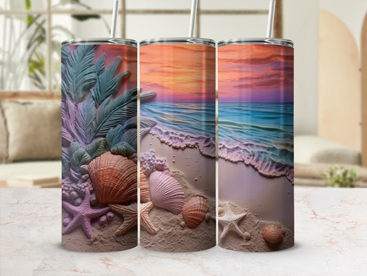 Three beach-themed tumblers with seashells and a sunset ocean view.
