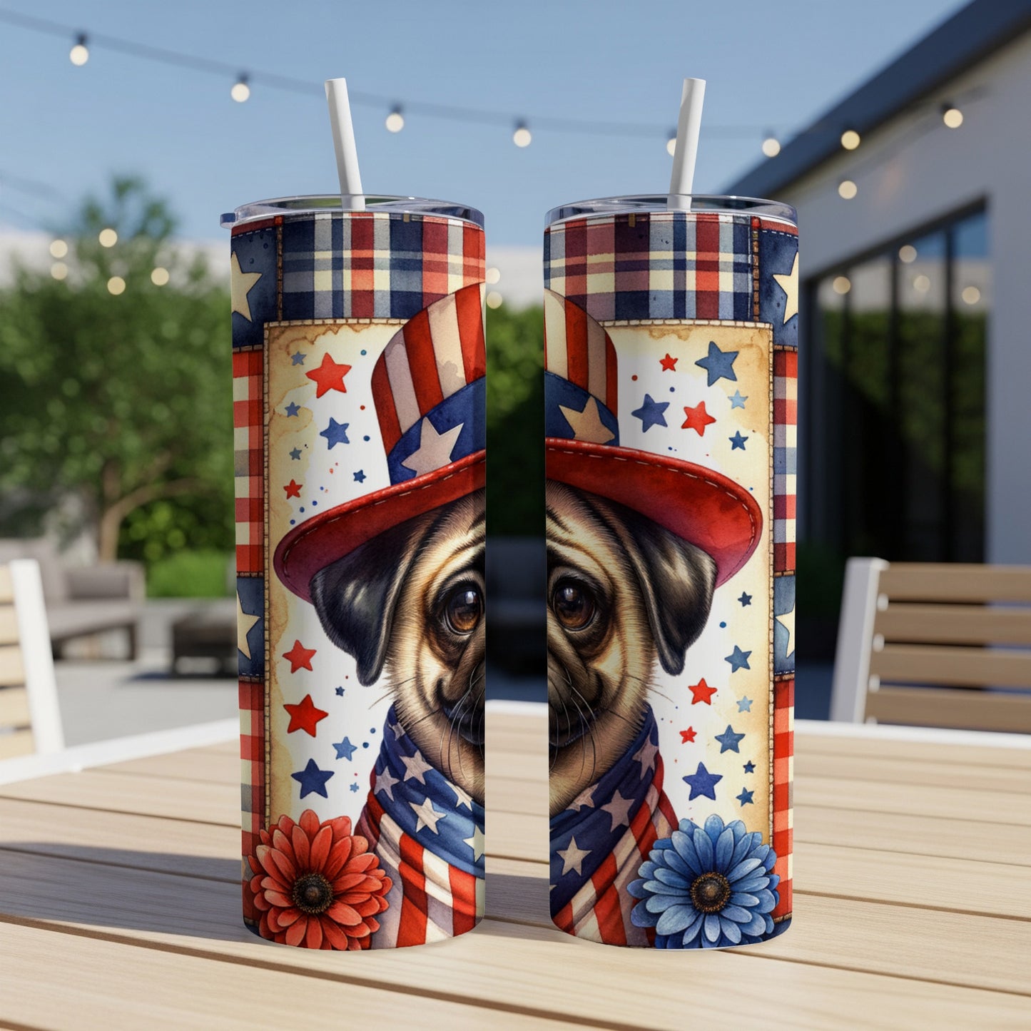 Pug wearing patriotic hat and bandana with stars and flowers.